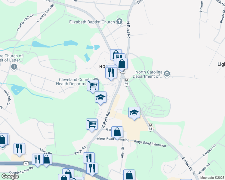 map of restaurants, bars, coffee shops, grocery stores, and more near 130 South Post Road in Shelby