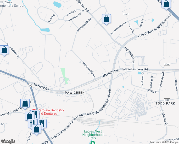 map of restaurants, bars, coffee shops, grocery stores, and more near 7208 Mack Street in Charlotte