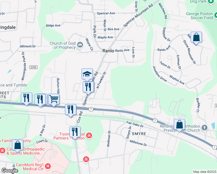 map of restaurants, bars, coffee shops, grocery stores, and more near 1332 North 2nd Street in Gastonia