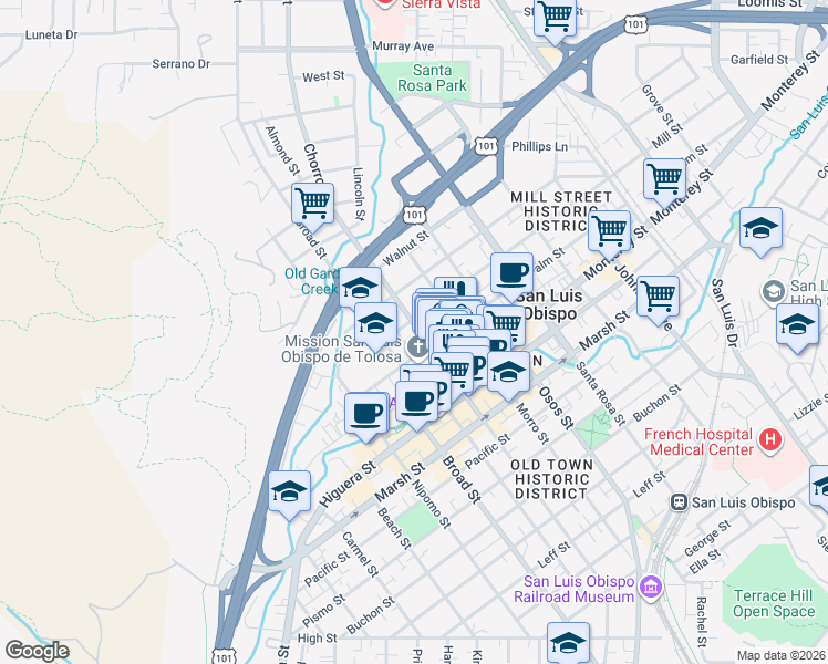 map of restaurants, bars, coffee shops, grocery stores, and more near 863 Chorro Street in San Luis Obispo