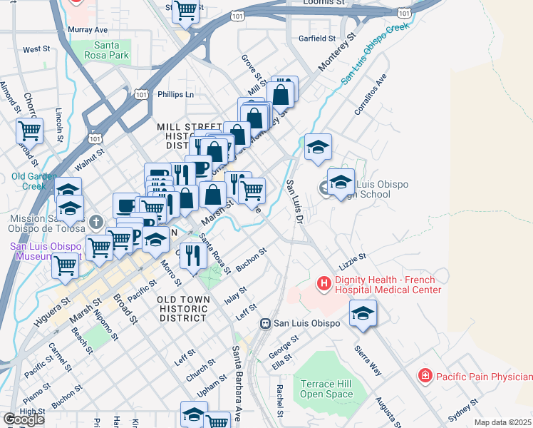 map of restaurants, bars, coffee shops, grocery stores, and more near 1309 Pismo Street in San Luis Obispo