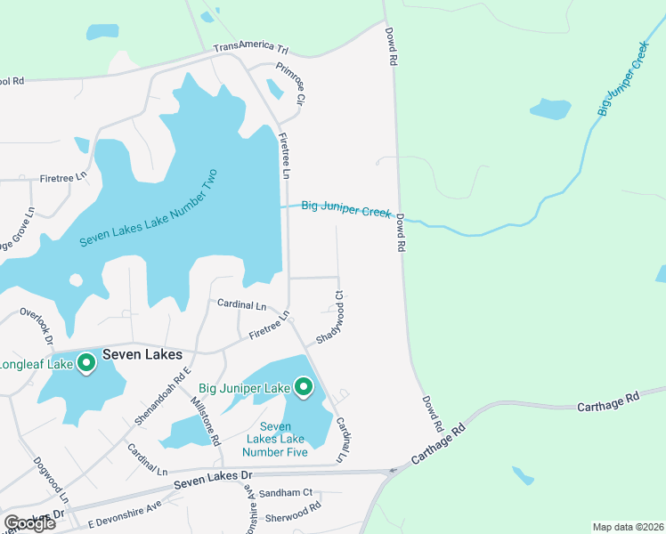 map of restaurants, bars, coffee shops, grocery stores, and more near 104 Cherokee Trail in Seven Lakes