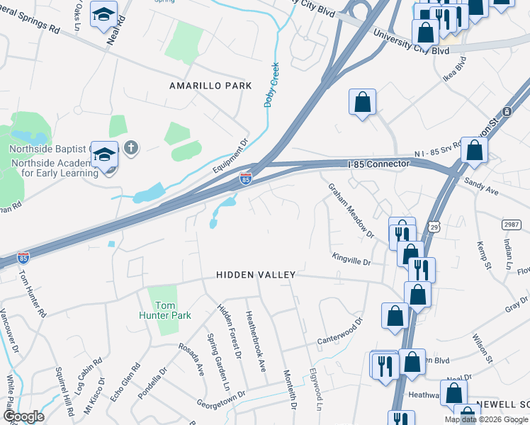 map of restaurants, bars, coffee shops, grocery stores, and more near 1905 Nigel Court in Charlotte