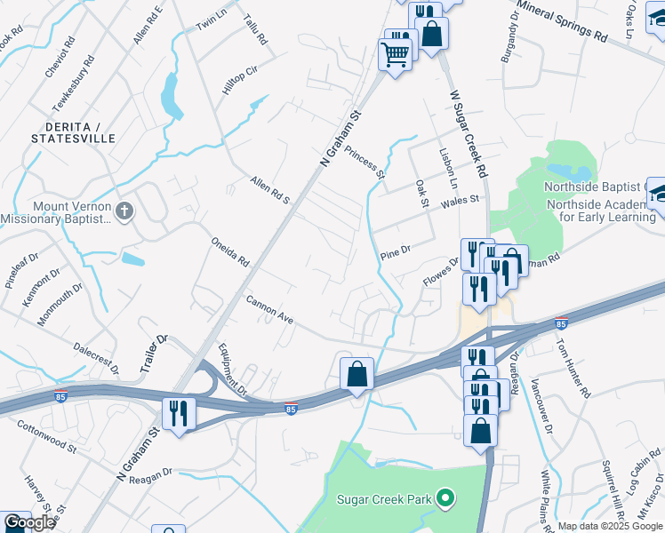 map of restaurants, bars, coffee shops, grocery stores, and more near 5200 North Graham Street in Charlotte
