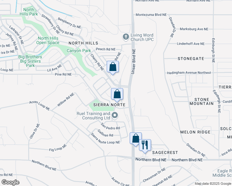 map of restaurants, bars, coffee shops, grocery stores, and more near 1556 Penasco Road Northeast in Rio Rancho
