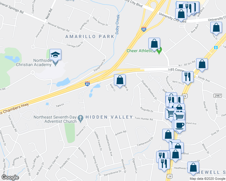 map of restaurants, bars, coffee shops, grocery stores, and more near 1917 Nigel Court in Charlotte
