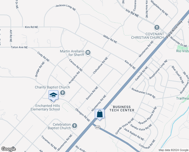 map of restaurants, bars, coffee shops, grocery stores, and more near 1530 Chihuahua Road Northeast in Rio Rancho