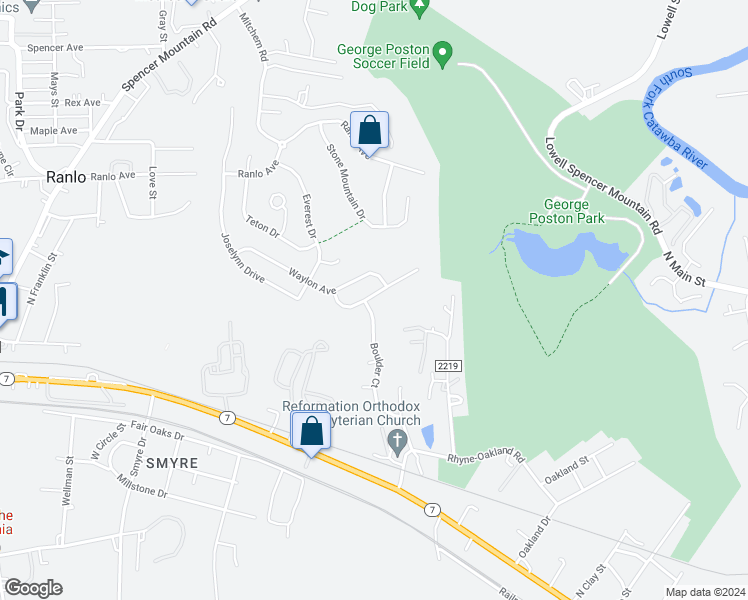 map of restaurants, bars, coffee shops, grocery stores, and more near 1704 Allegheny Drive in Gastonia