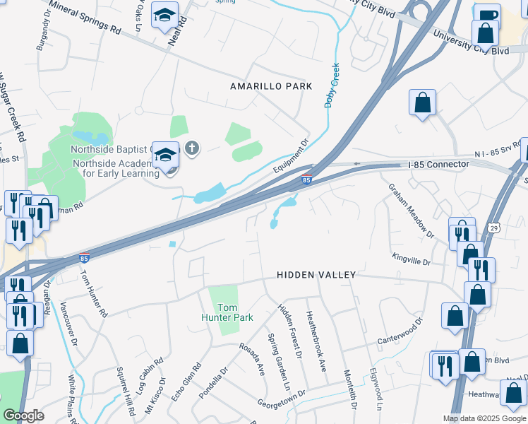 map of restaurants, bars, coffee shops, grocery stores, and more near 6920 Hidden Forest Drive in Charlotte