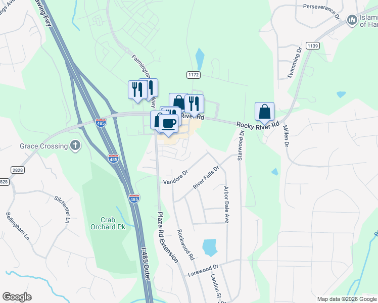 map of restaurants, bars, coffee shops, grocery stores, and more near 5647 Stafford Road in Charlotte