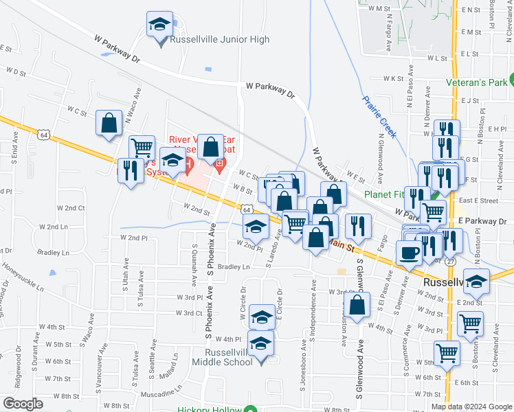 map of restaurants, bars, coffee shops, grocery stores, and more near 1310 West Main Street in Russellville