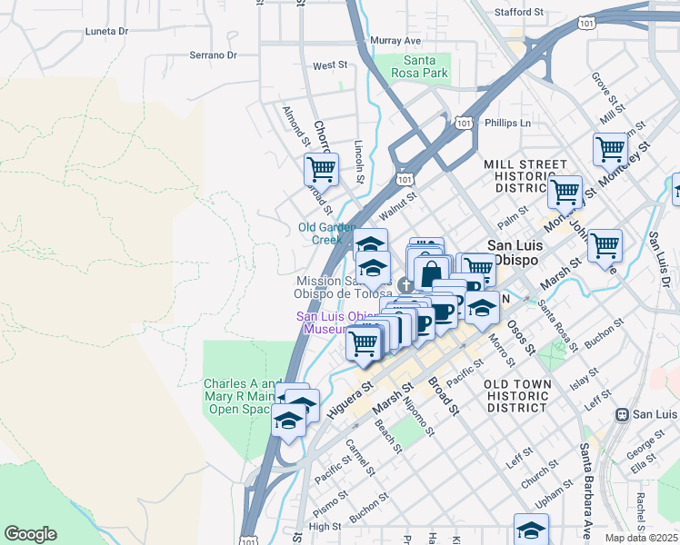 map of restaurants, bars, coffee shops, grocery stores, and more near 675 Brizzolara Street in San Luis Obispo