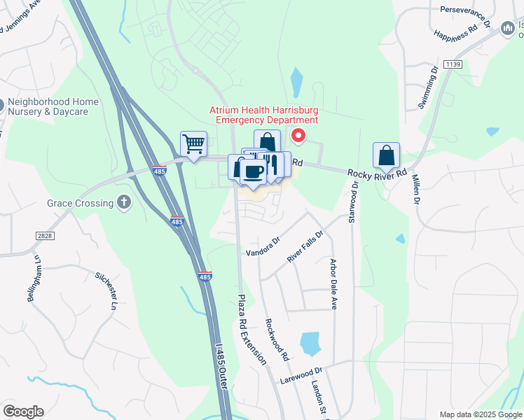map of restaurants, bars, coffee shops, grocery stores, and more near 5647 Stafford Road in Charlotte