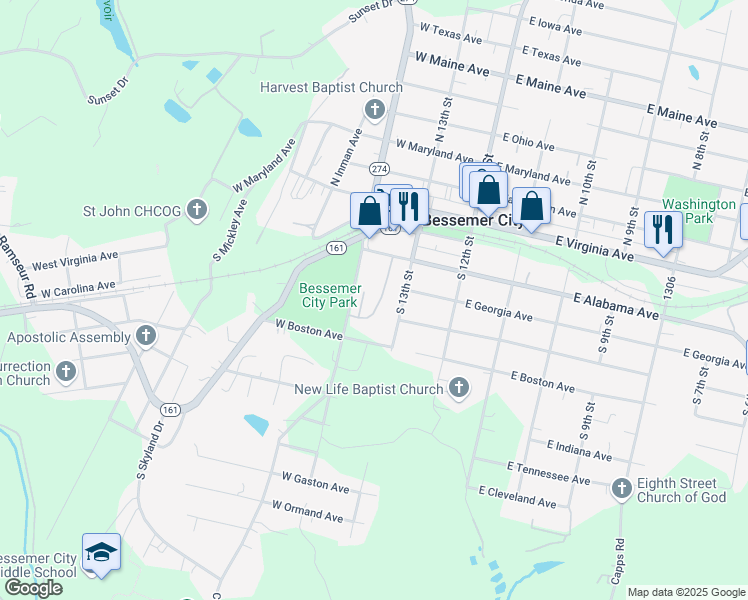 map of restaurants, bars, coffee shops, grocery stores, and more near 309 Park Terrace Drive in Bessemer City