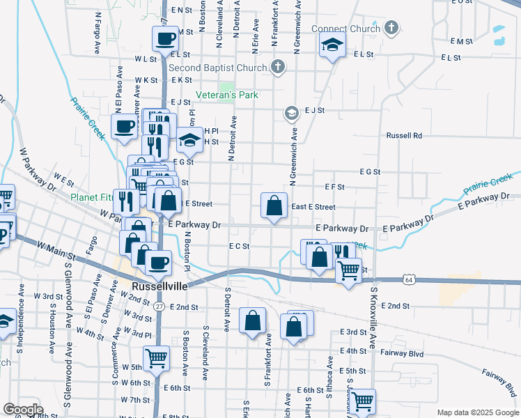 map of restaurants, bars, coffee shops, grocery stores, and more near 509 East Parkway Drive in Russellville