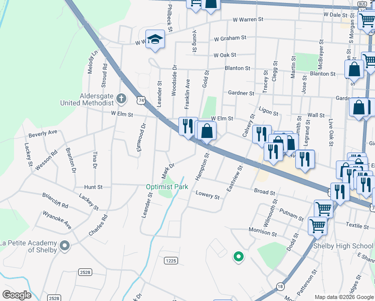 map of restaurants, bars, coffee shops, grocery stores, and more near 900 Mark Drive in Shelby