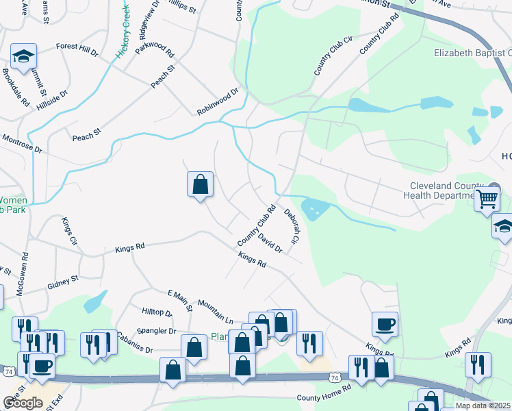 map of restaurants, bars, coffee shops, grocery stores, and more near 506 Johnsfield Road in Shelby