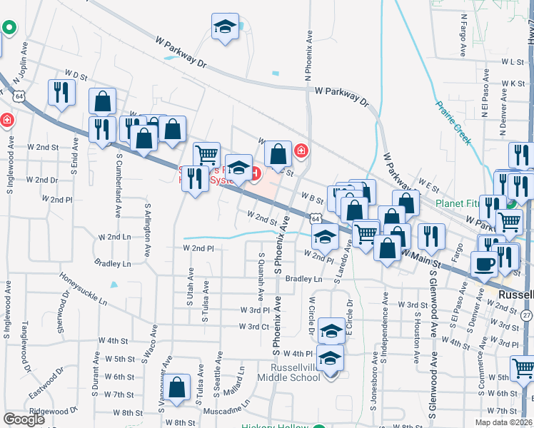 map of restaurants, bars, coffee shops, grocery stores, and more near 1703 West 2nd Street in Russellville