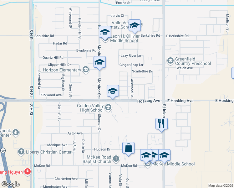 map of restaurants, bars, coffee shops, grocery stores, and more near 22 Hosking Avenue in Bakersfield