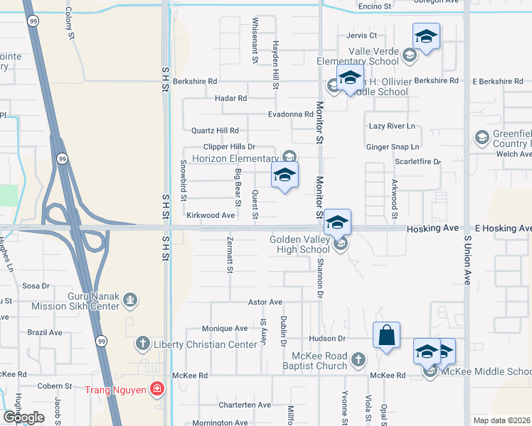 map of restaurants, bars, coffee shops, grocery stores, and more near 1105 Valdes Court in Bakersfield