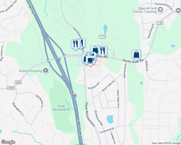 map of restaurants, bars, coffee shops, grocery stores, and more near 5683 Stafford Road in Charlotte