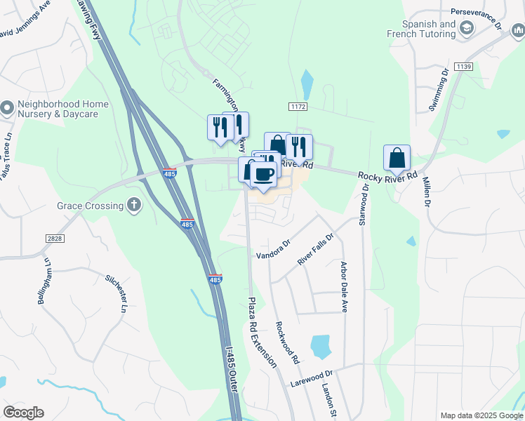 map of restaurants, bars, coffee shops, grocery stores, and more near 5683 Stafford Road in Charlotte
