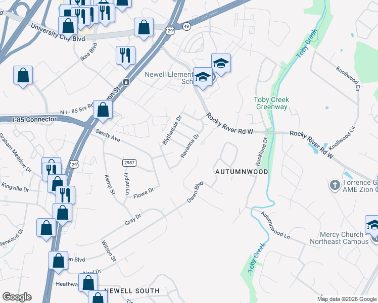 map of restaurants, bars, coffee shops, grocery stores, and more near 7236 Ravanna Drive in Charlotte