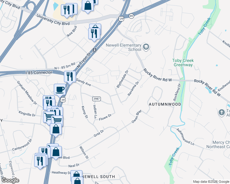 map of restaurants, bars, coffee shops, grocery stores, and more near 413 Sandy Avenue in Charlotte