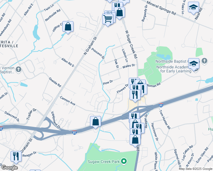 map of restaurants, bars, coffee shops, grocery stores, and more near 5200 Pine Drive in Charlotte