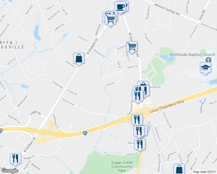 map of restaurants, bars, coffee shops, grocery stores, and more near 5200 Pine Drive in Charlotte