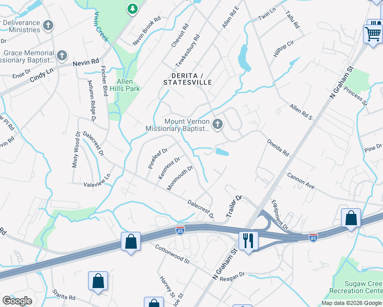 map of restaurants, bars, coffee shops, grocery stores, and more near 4740 Kenmont Drive in Charlotte