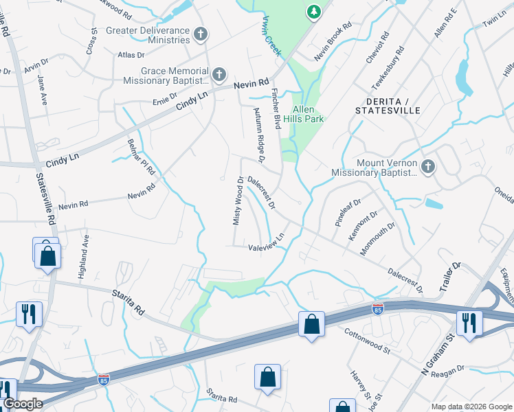 map of restaurants, bars, coffee shops, grocery stores, and more near 3342 Pine Meadow Drive in Charlotte