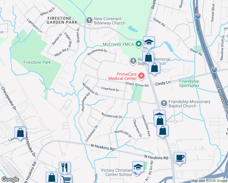 map of restaurants, bars, coffee shops, grocery stores, and more near 1715 McAllister Drive in Charlotte