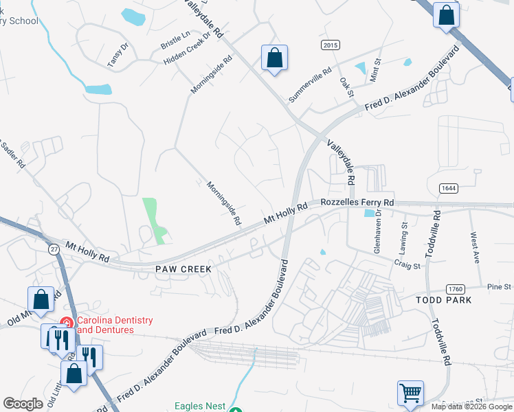 map of restaurants, bars, coffee shops, grocery stores, and more near 7110 Mount Holly Road in Charlotte