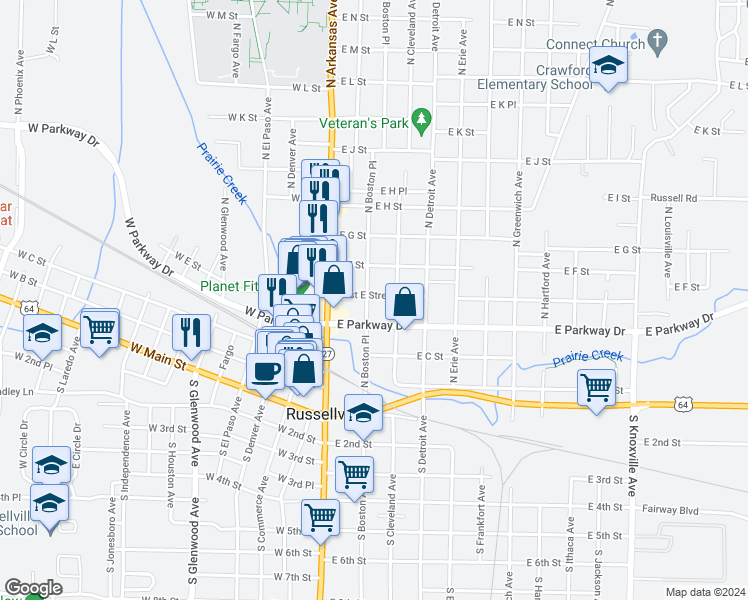 map of restaurants, bars, coffee shops, grocery stores, and more near 400-412 N Boston Pl in Russellville