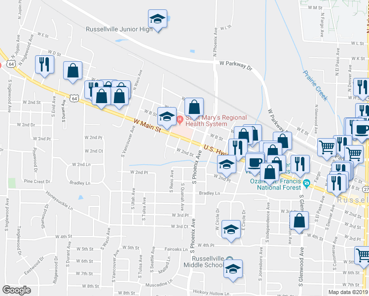 map of restaurants, bars, coffee shops, grocery stores, and more near 1703 West 2nd Street in Russellville