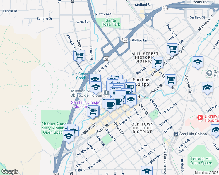 map of restaurants, bars, coffee shops, grocery stores, and more near 868 Chorro Street in San Luis Obispo