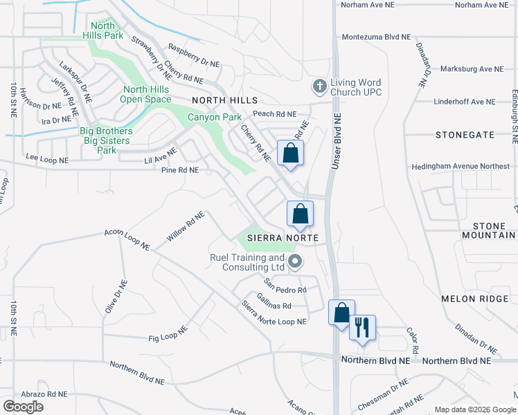 map of restaurants, bars, coffee shops, grocery stores, and more near 1602 Costilla Road in Rio Rancho
