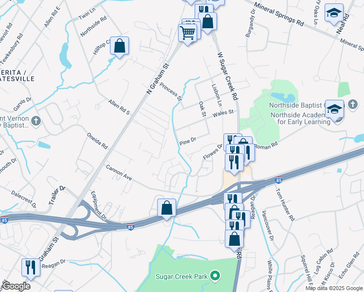 map of restaurants, bars, coffee shops, grocery stores, and more near 5200 Pine Drive in Charlotte