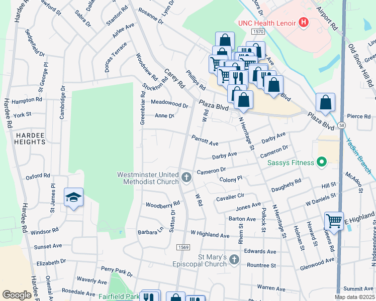 map of restaurants, bars, coffee shops, grocery stores, and more near 1904 West Road in Kinston