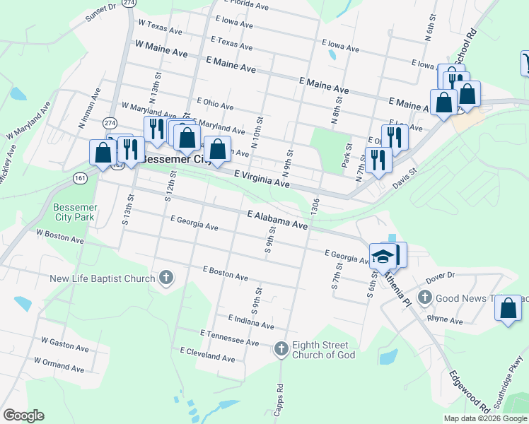 map of restaurants, bars, coffee shops, grocery stores, and more near 312 East Alabama Avenue in Bessemer City