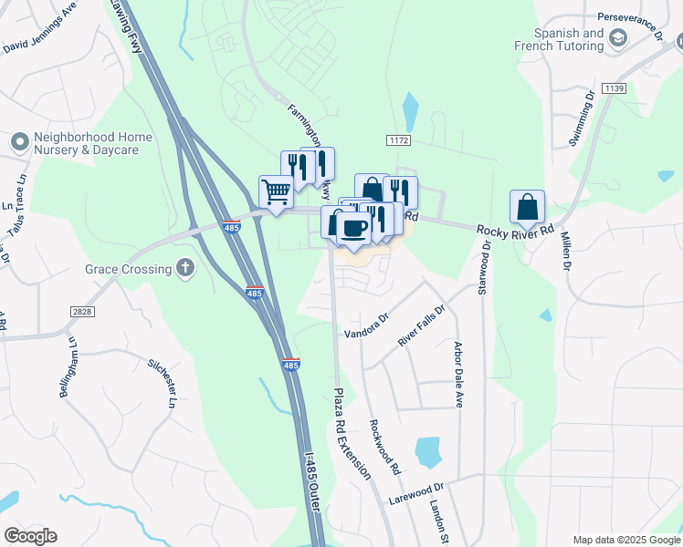 map of restaurants, bars, coffee shops, grocery stores, and more near 5686 Stafford Road in Charlotte