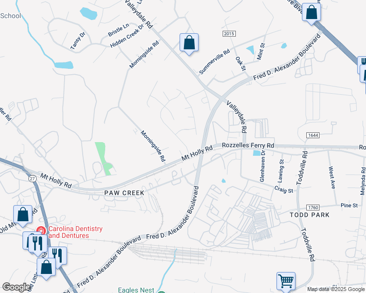 map of restaurants, bars, coffee shops, grocery stores, and more near 7110 Mount Holly Road in Charlotte