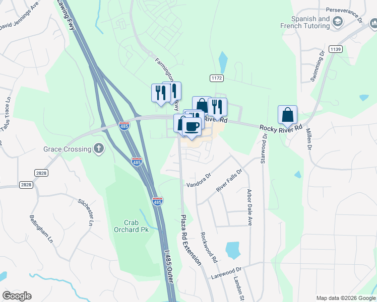 map of restaurants, bars, coffee shops, grocery stores, and more near 5683 Stafford Road in Charlotte