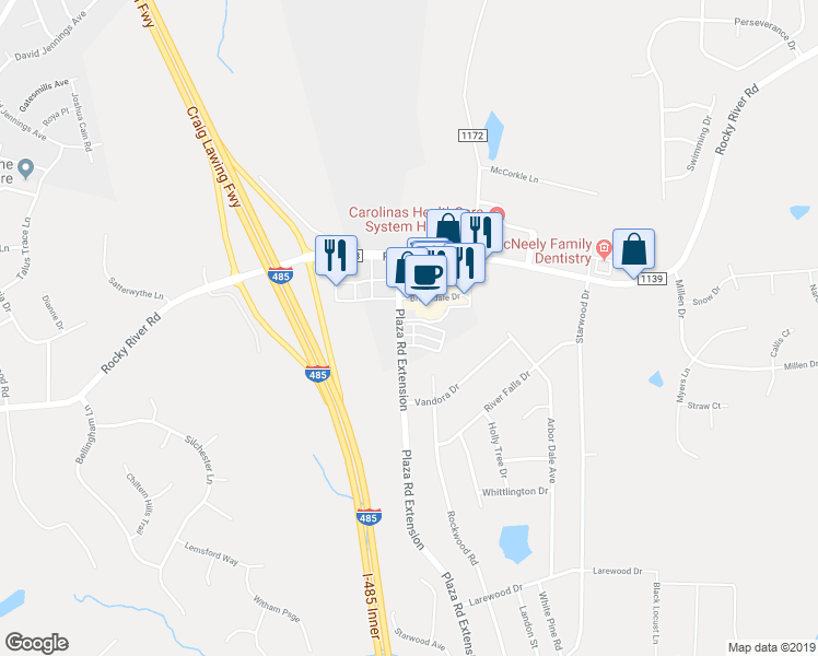 map of restaurants, bars, coffee shops, grocery stores, and more near 5683 Stafford Road in Charlotte