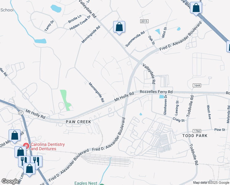map of restaurants, bars, coffee shops, grocery stores, and more near 7110 Mount Holly Road in Charlotte