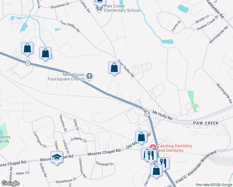 map of restaurants, bars, coffee shops, grocery stores, and more near 8141 Mount Holly Road in Charlotte