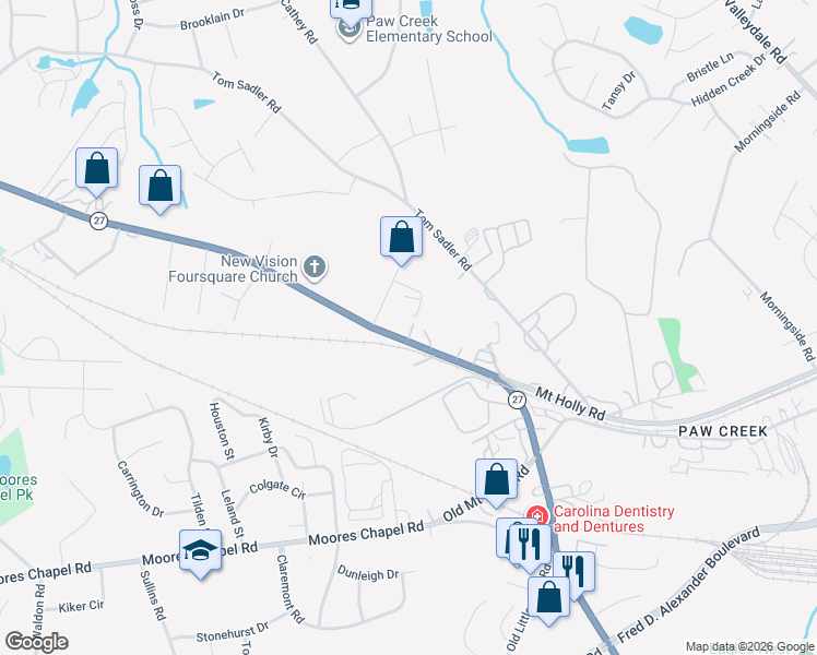 map of restaurants, bars, coffee shops, grocery stores, and more near 8141 Mount Holly Road in Charlotte
