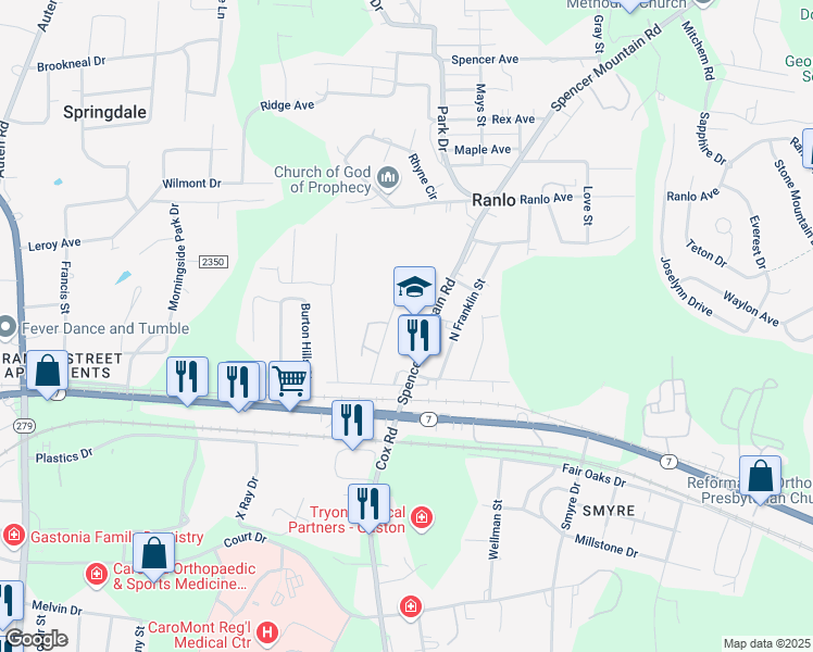 map of restaurants, bars, coffee shops, grocery stores, and more near 1327 Spencer Mountain Road in Gastonia