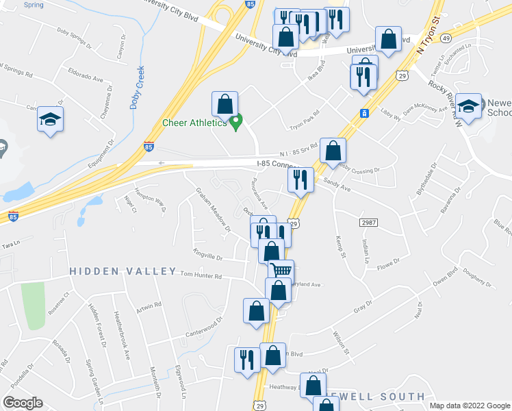 map of restaurants, bars, coffee shops, grocery stores, and more near 219 Orchard Trace Lane in Charlotte